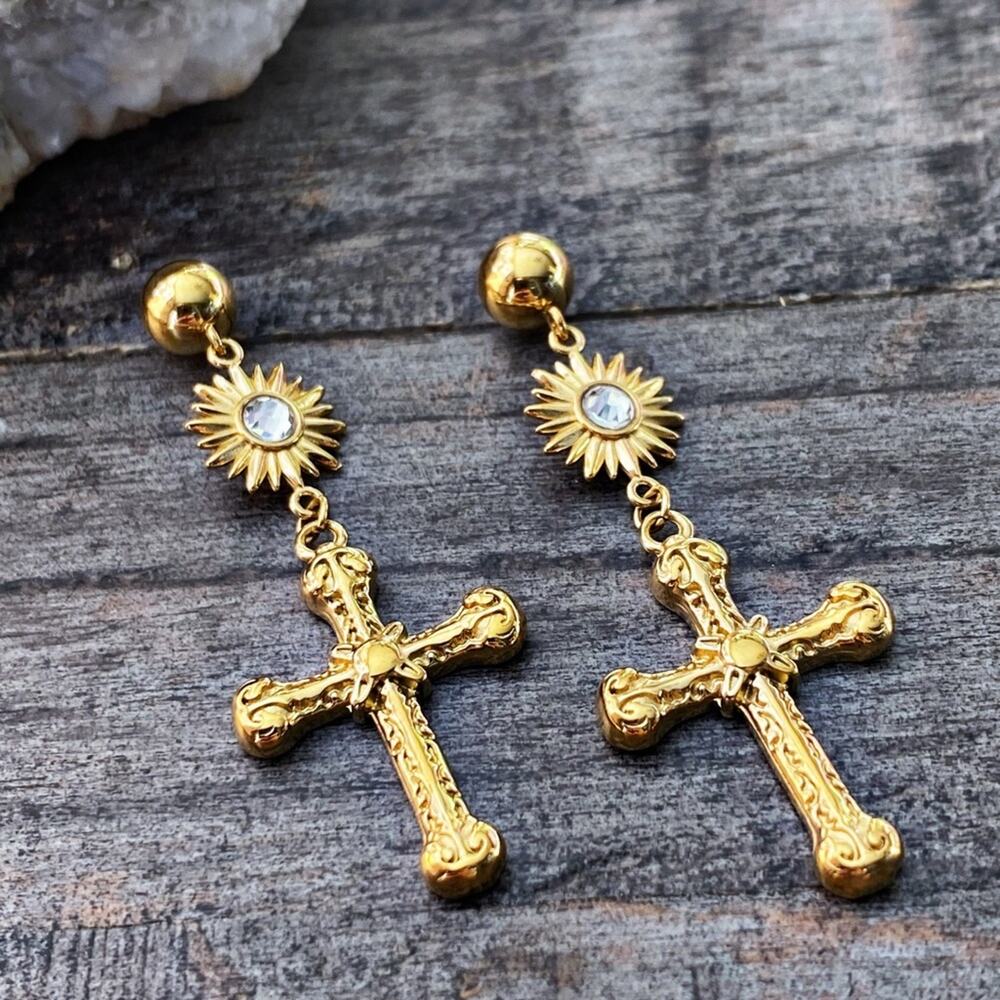 NEW Gold Gothic Cross Dangle Earrings - Picture 6 of 9
